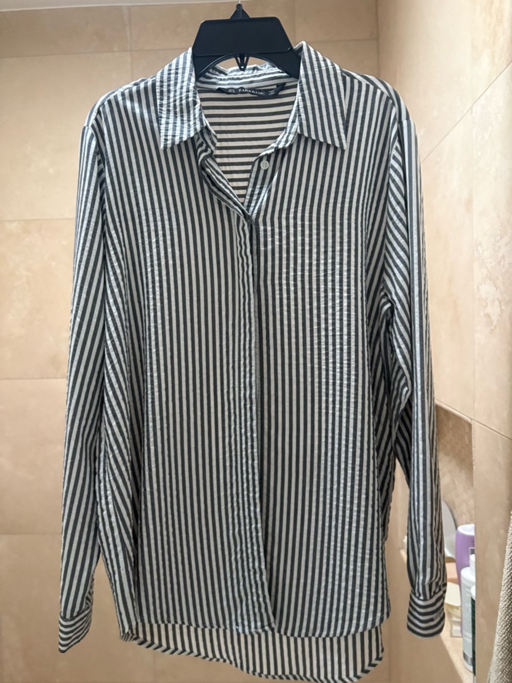 Zara Black and White Vertical Stripe Button-Up Blouse